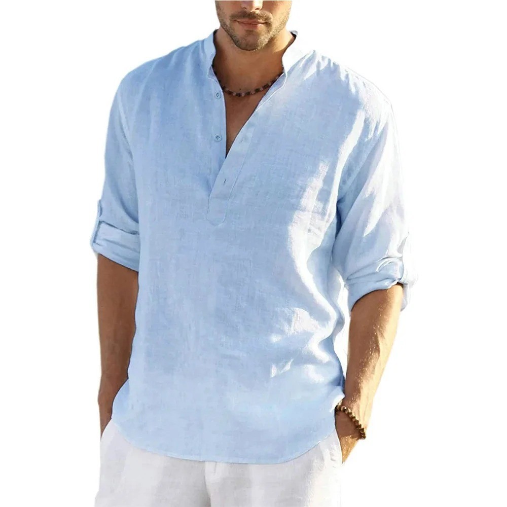 Men’s Cotton Linen Henley Long Sleeve Shirt Casual Beach T-shirt Tee Summer Gift