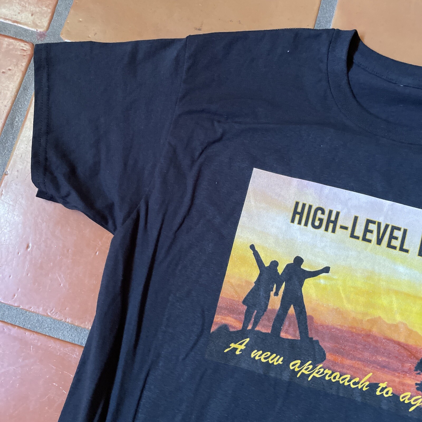 Vintage Black Graphic Print T-Shirt High Level Life A New Approach To Aging Tee