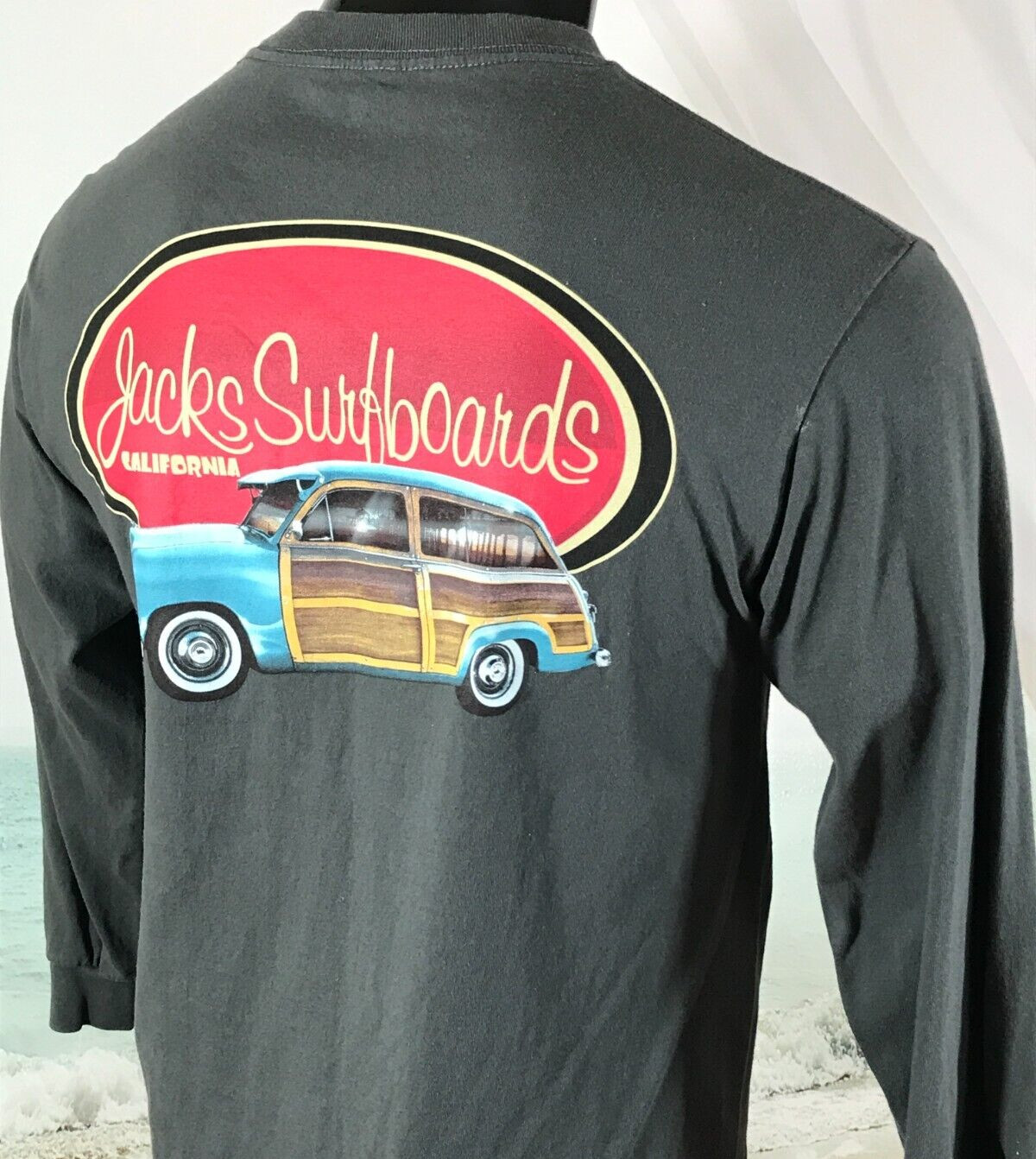 JACKS SURFBOARDS Long Sleeve SHIRT Sz M Gray Cotton Surf Wagon Huntington Beach