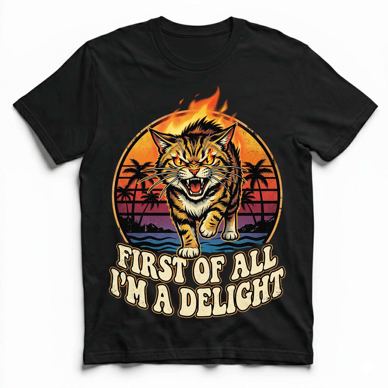 Angry Tiger Fire Eyes Tropical Beach Tee Retro Sunset Palm Trees T-Shirt
