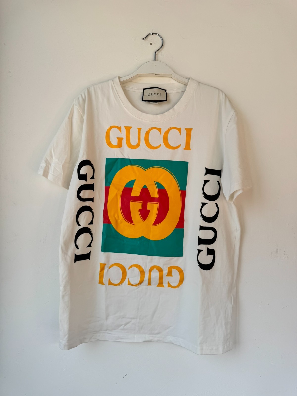 Gucci Men’s L White Cotton Logo Pre Owned Short Sleeve T-Shirt