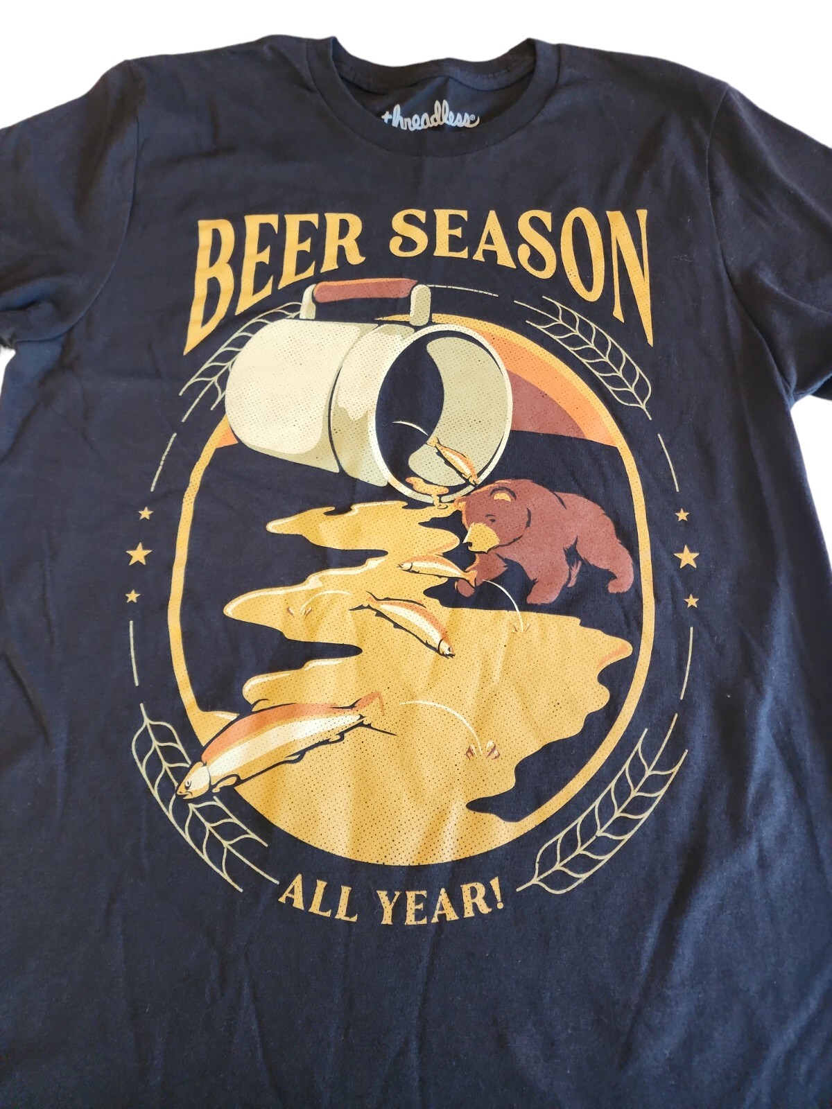 Novelty T-shirt Graphic Tee Beer Bear Season All Year Camping Woods Men’s Small