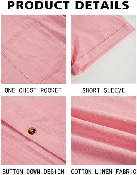 Men’s Short Sleeve Button-Up Linen Cotton Beach Shirt – Spread Collar Tops