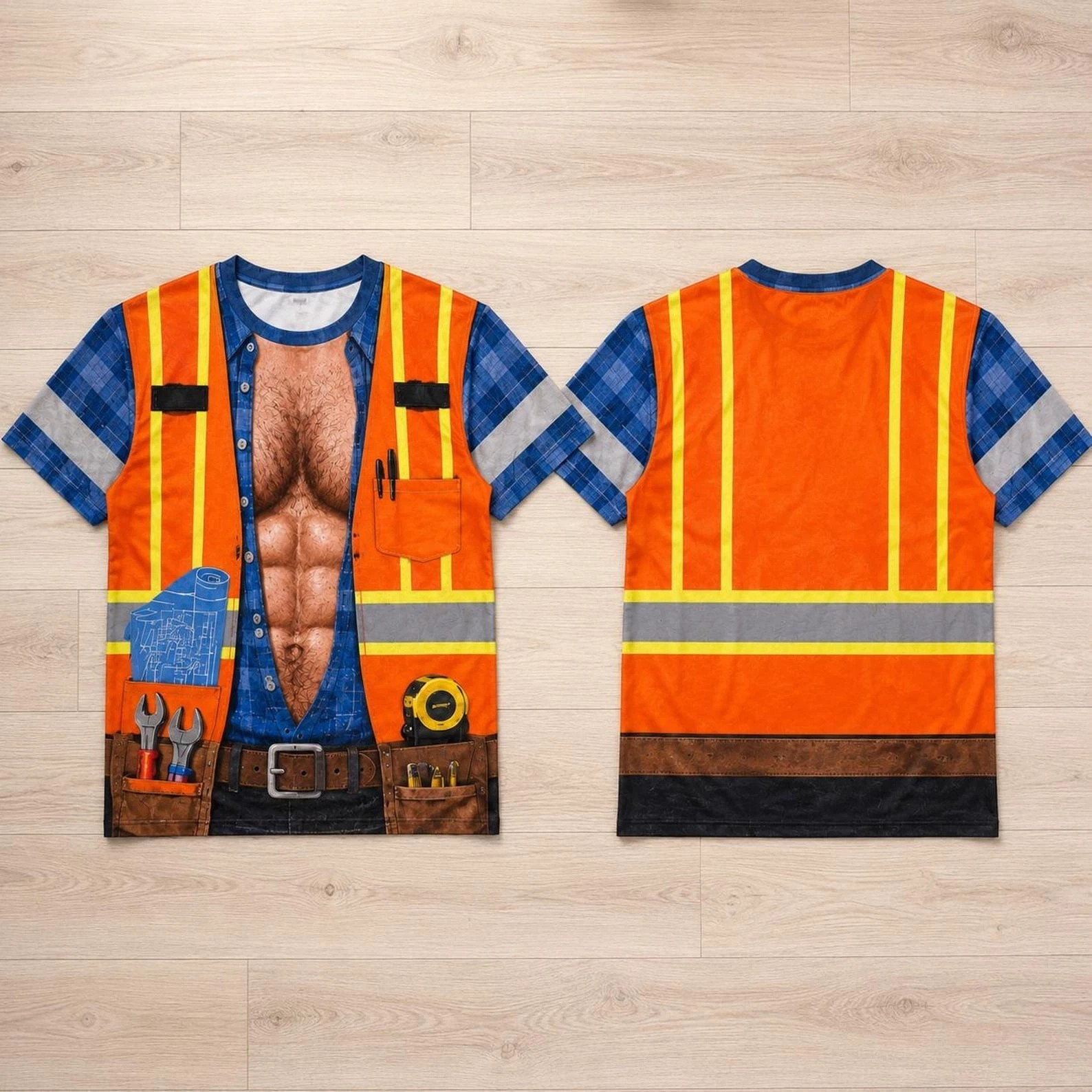 Funny Construction Worker Shirt Hairy Chest T Shirt Safety Vest Costume 3D