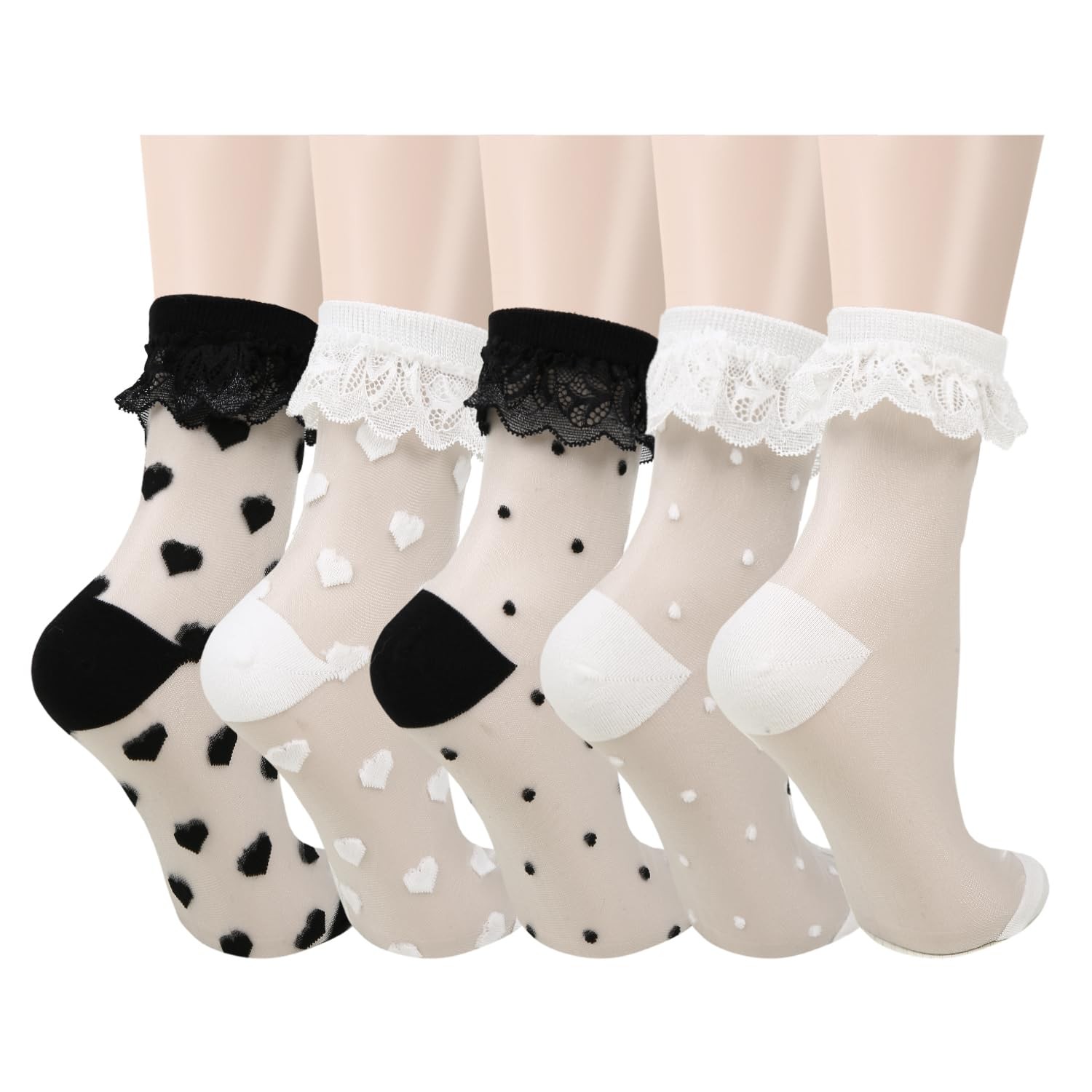 Sheer Ruffle Socks for Women Girls Cute Heart Polka Dot Lace Nylon Mesh Dress…