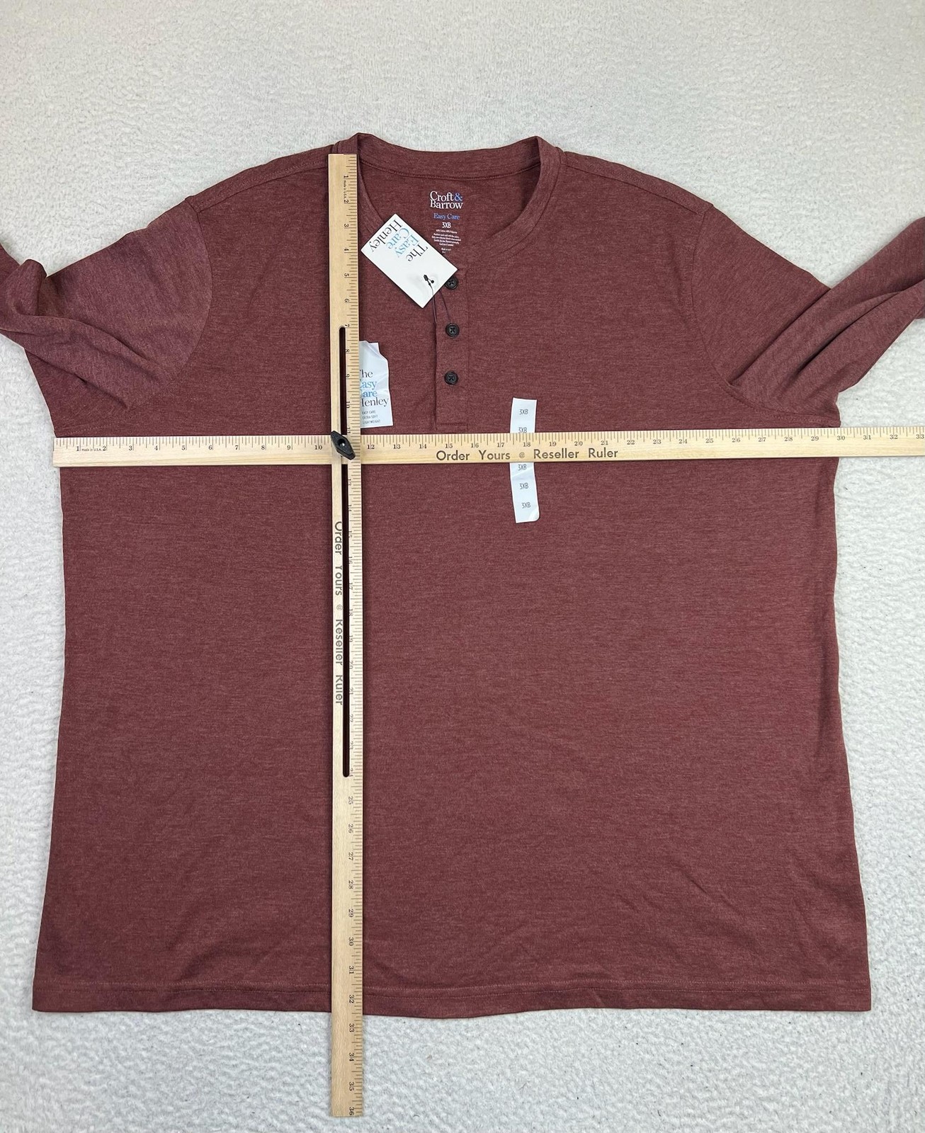 Croft & Barrow Henley Shirt Mens Big 3X Red Easy Care Long Sleeve Lightweight