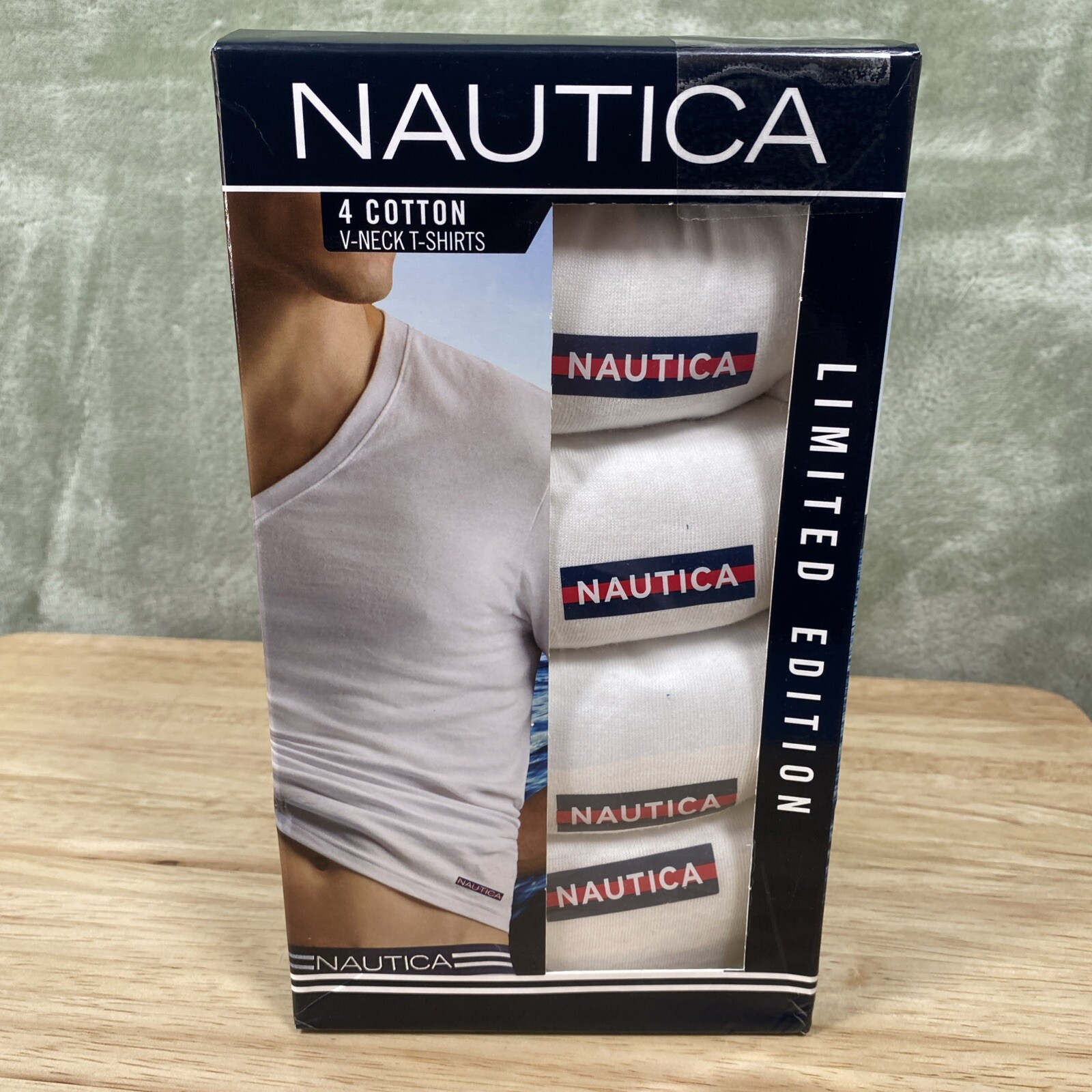 Nautica V-Neck T-Shirts Men’s S 34-36 White Cotton Limited Edition 4 Pack NWT
