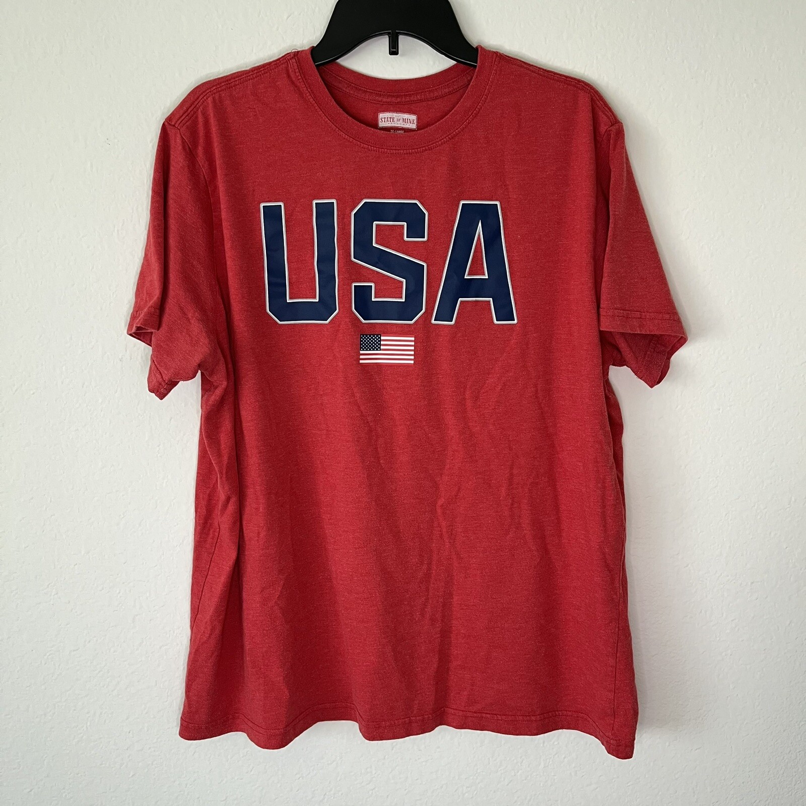 USA Letter Print with Flag Men’s 2XL Red State of Mine T- Shirt