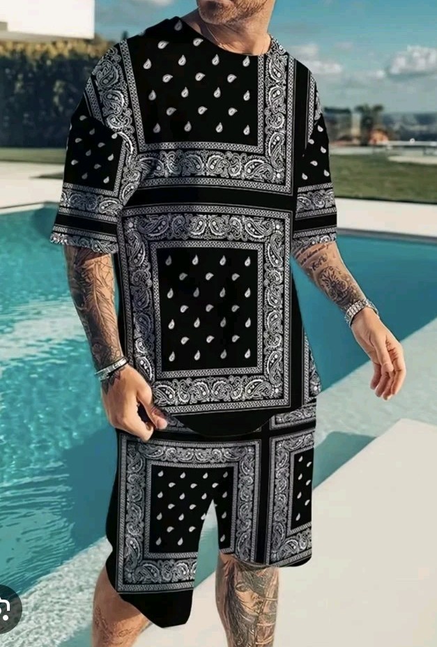 Men’s Jacquard Knit Lounge Sets Short Sleeve T-Shirts & Shorts Matching Set XL