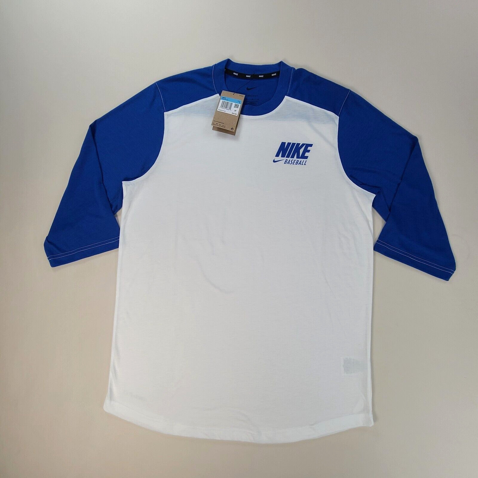 Nike Shirt Mens Medium White Blue Baseball Dri-Fit 3/4 Sleeve Outdoors