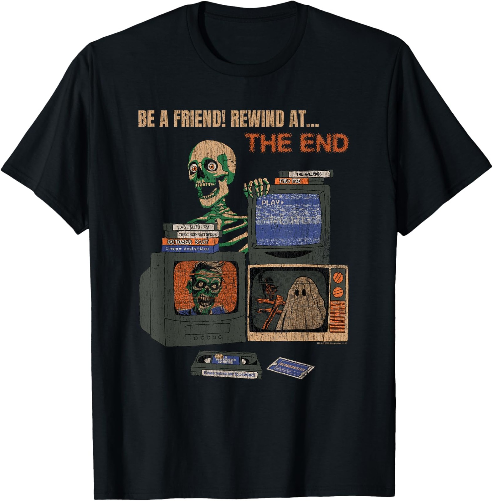 Blockbuster Rewind at The End Horror Movie Skeleton Vintage T-Shirt Size S-4XL