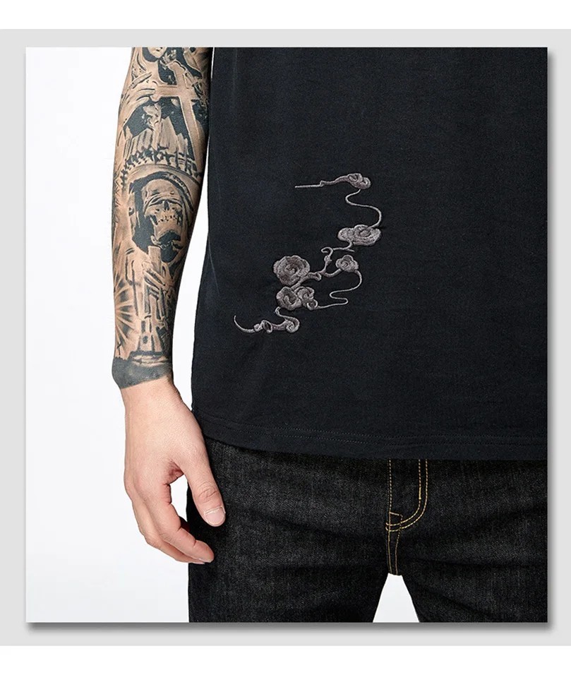 Men Embroidered Mythical Beast T-Shirt Sukajan Cotton Short Sleeve Hip Hop Tee