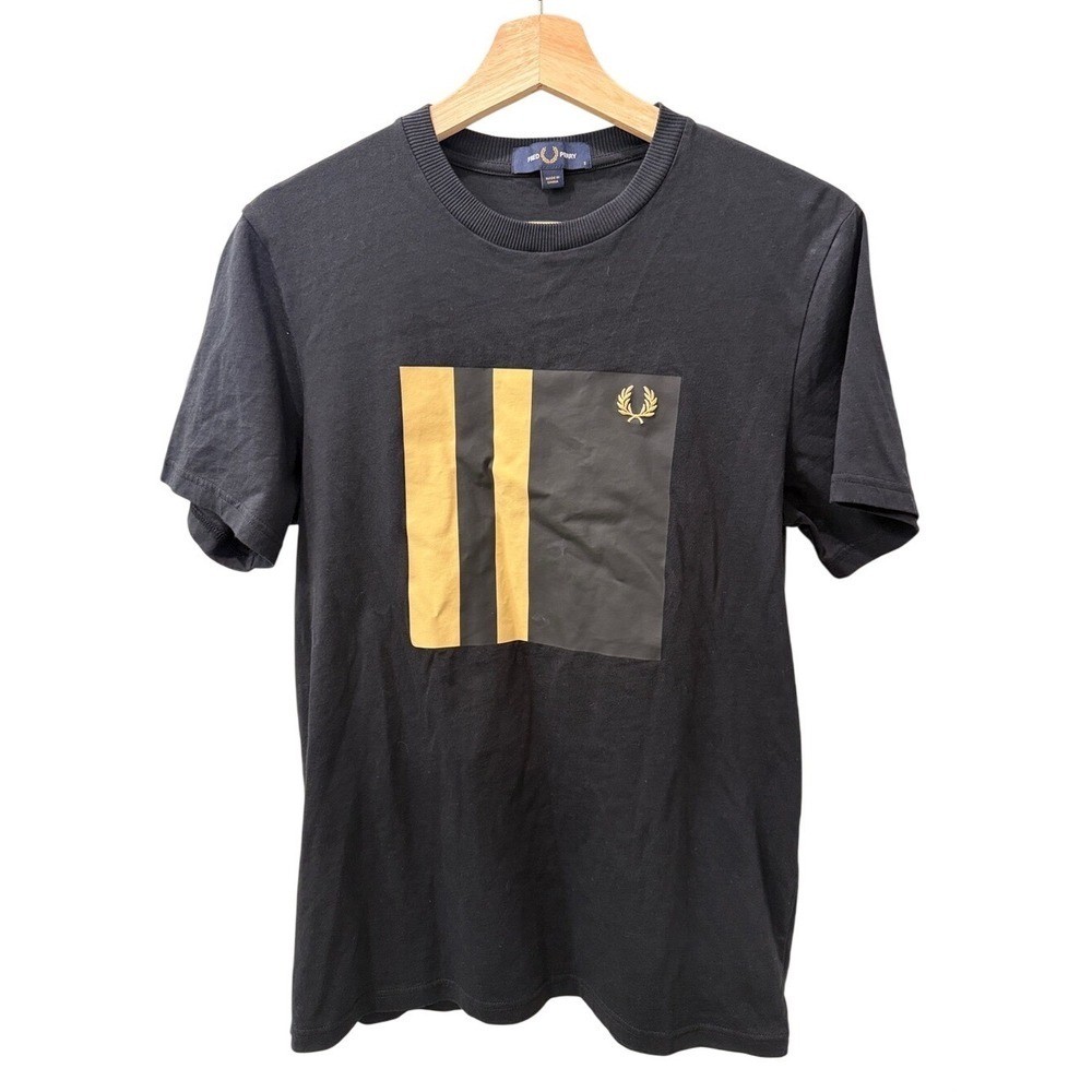 Fred Perry Black Short-Sleeve Tee with Gold Panel Stripes