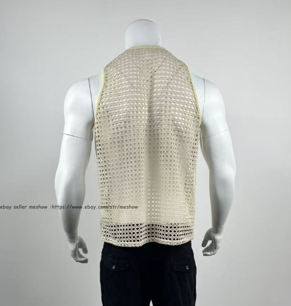 Mens Knitted Crochet Tank Tops Summer Hollow Sleeveless T-shirt Scoop Neck Shirt
