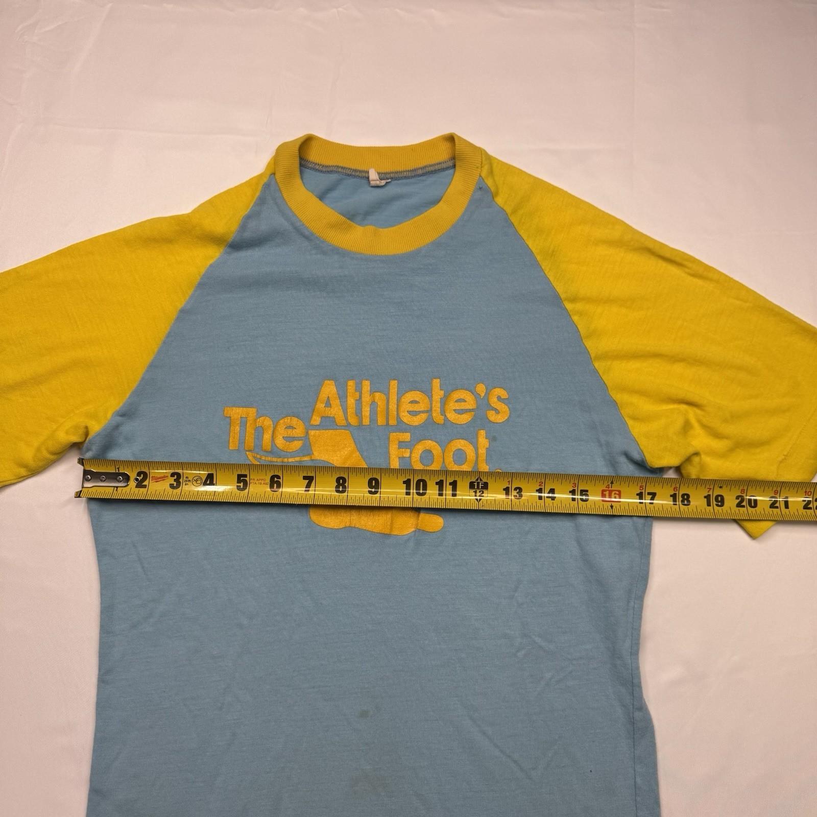 Vintage 70s Athlete’s Foot T-Shirt Medium Single Stitch Blue Yellow Stained