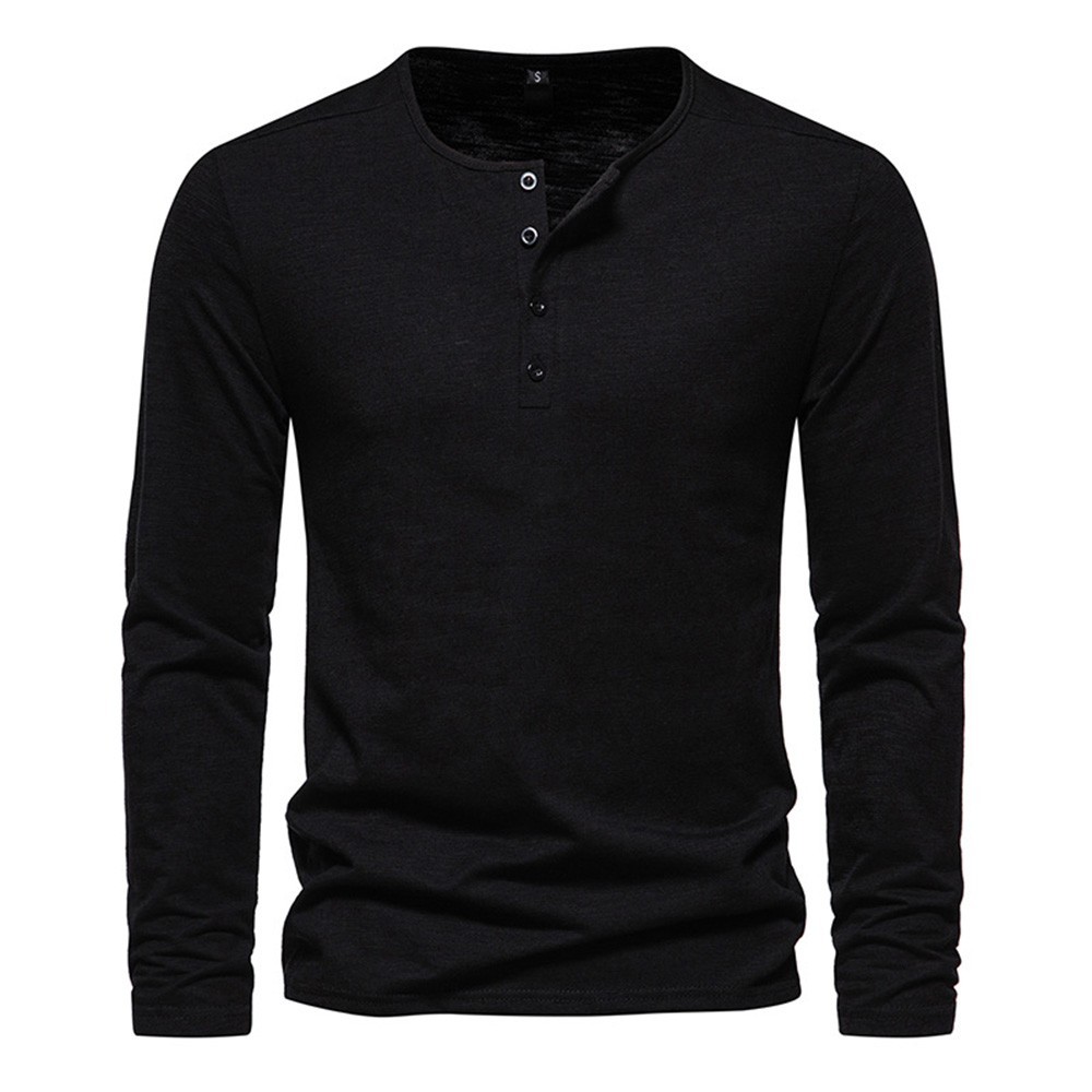 New Men’s Cotton Long Sleeve T-Shirt Slim Fit Button Neck Casual Fitness Tee
