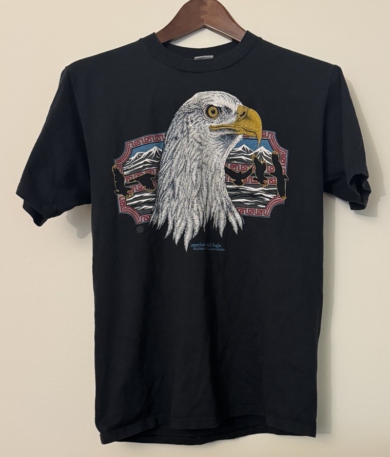 Vintage 90s JERZEES 50/50 Black Bald Eagle Made USA Crew Neck T-Shirt Unisex M