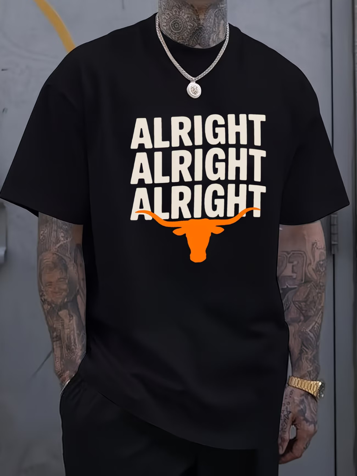 Men’S Casual Black T-Shirt with “Alright Alright Alright” Texas Longhorn Logo Pr