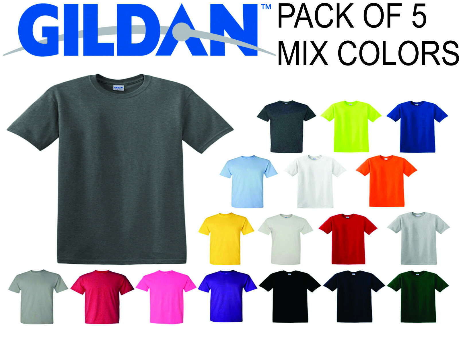 (5 Pack) GILDAN Short Sleeve Mix Colors Plain T Shirts S M L XL 2XL 3XL 4XL 5XL
