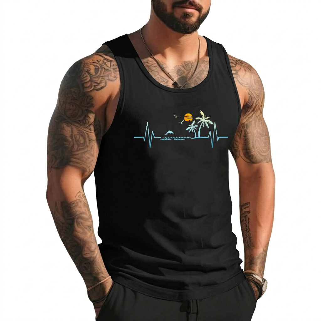 Heartbeat with Tropical Palm Trees Beach Island Sunset Tank Top