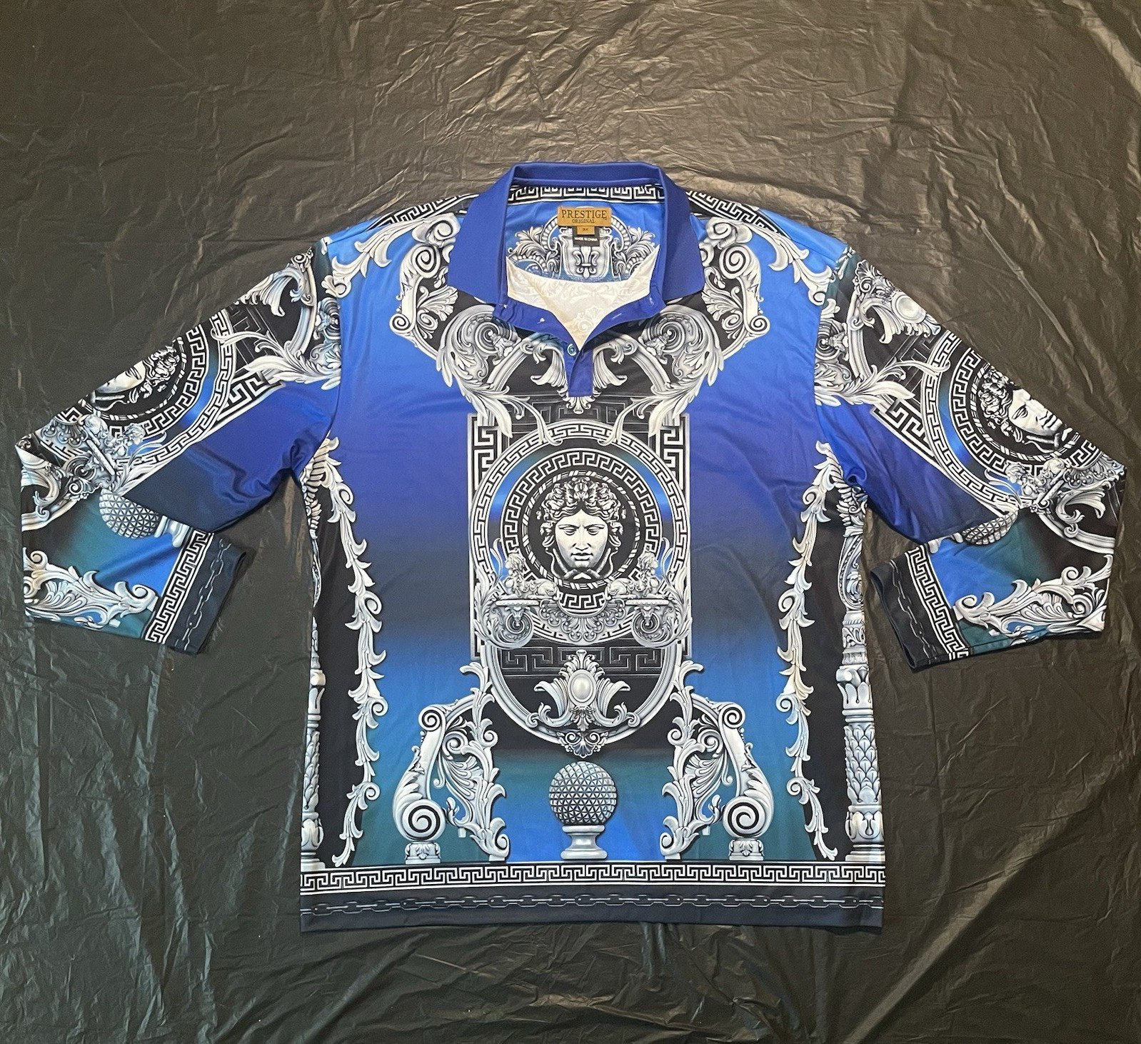 Prestige Men’s Long Sleeve Versace Like Graphic Print Greek Key Shirt Blue 3X