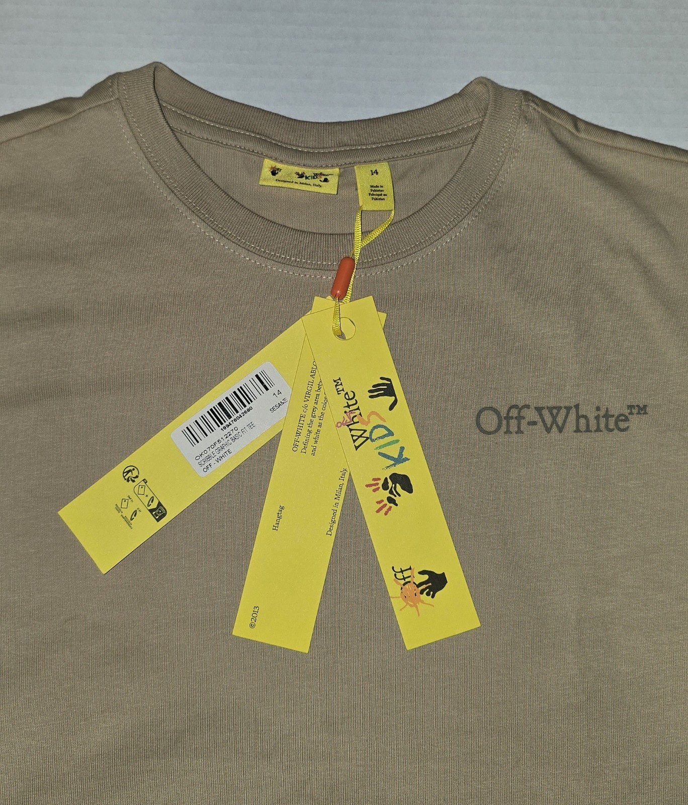 New Off-White Kids “Off Stitch” Cotton T-Shirt in a Beige/Sand Size (14)