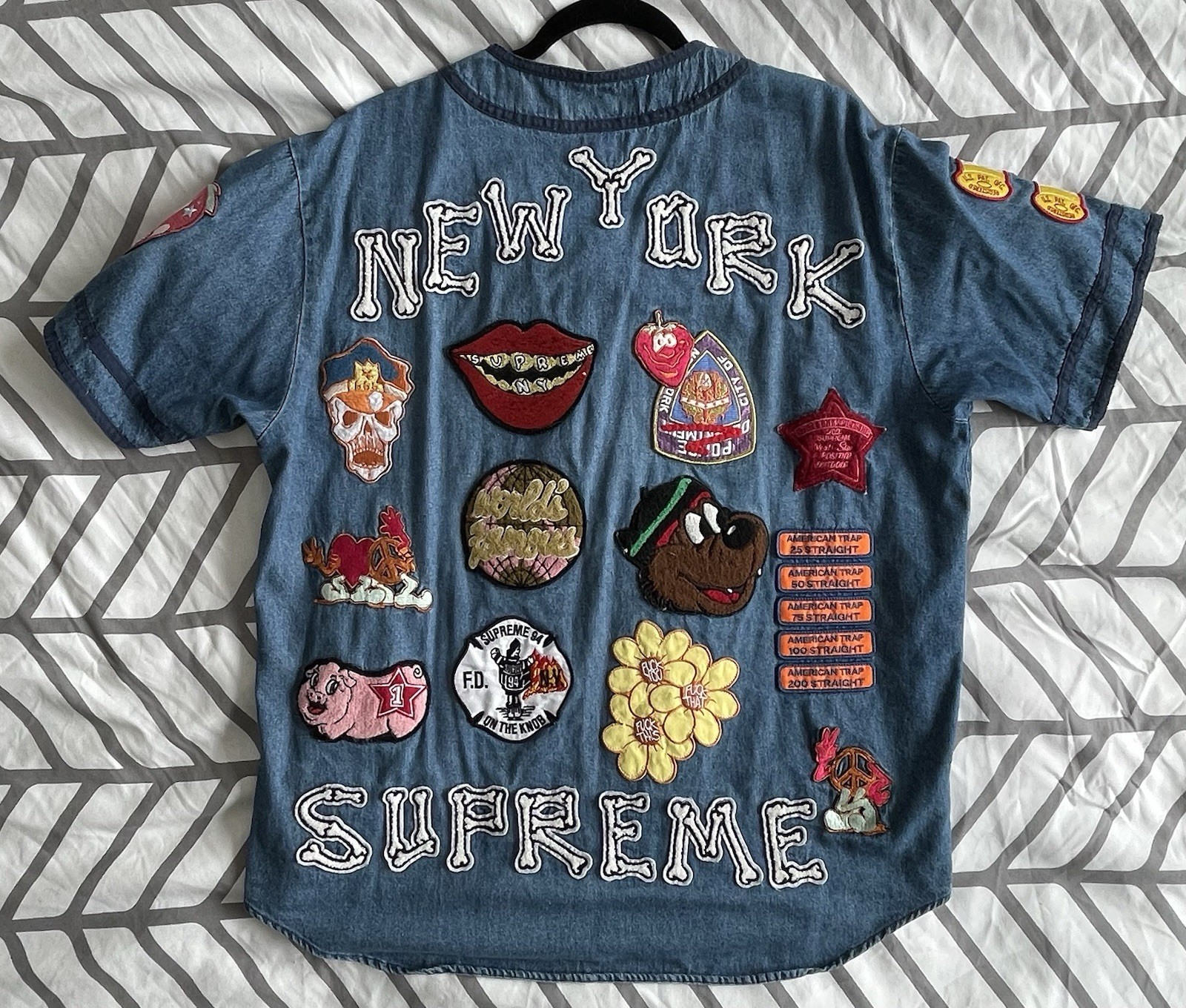 Supreme Patches Denim Baseball Jersey S/S 2021 Sz M 100 % Authentic