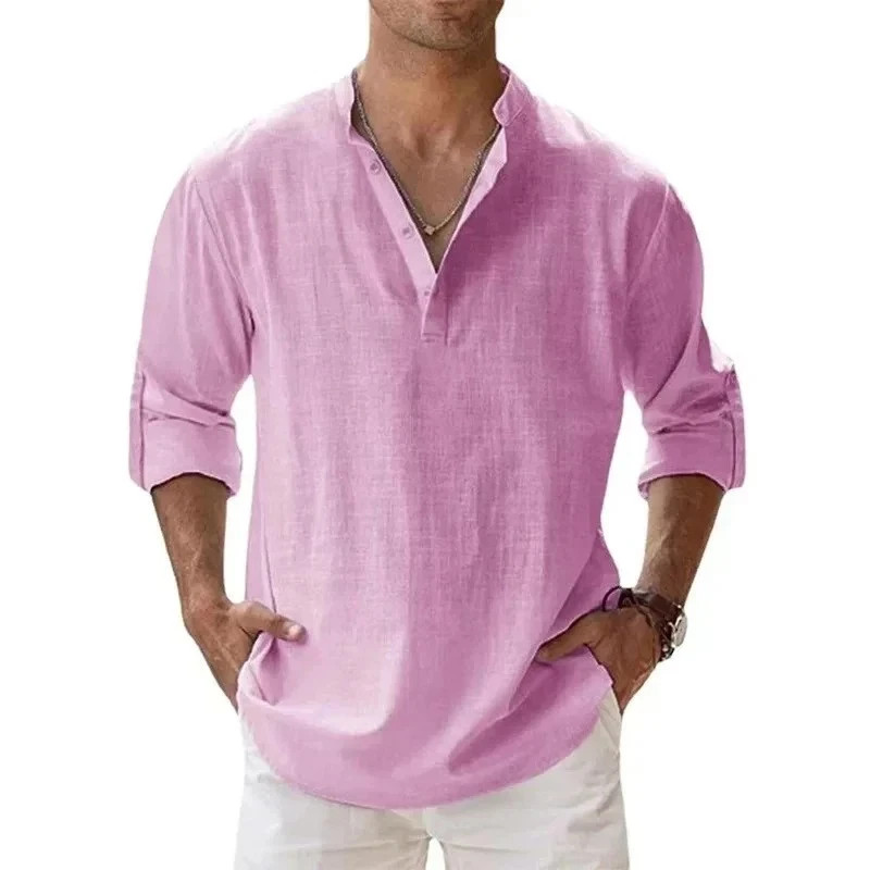 Men’s Cotton Linen Henley Long Sleeve Shirt Casual Beach T-shirt Tee Summer Gift