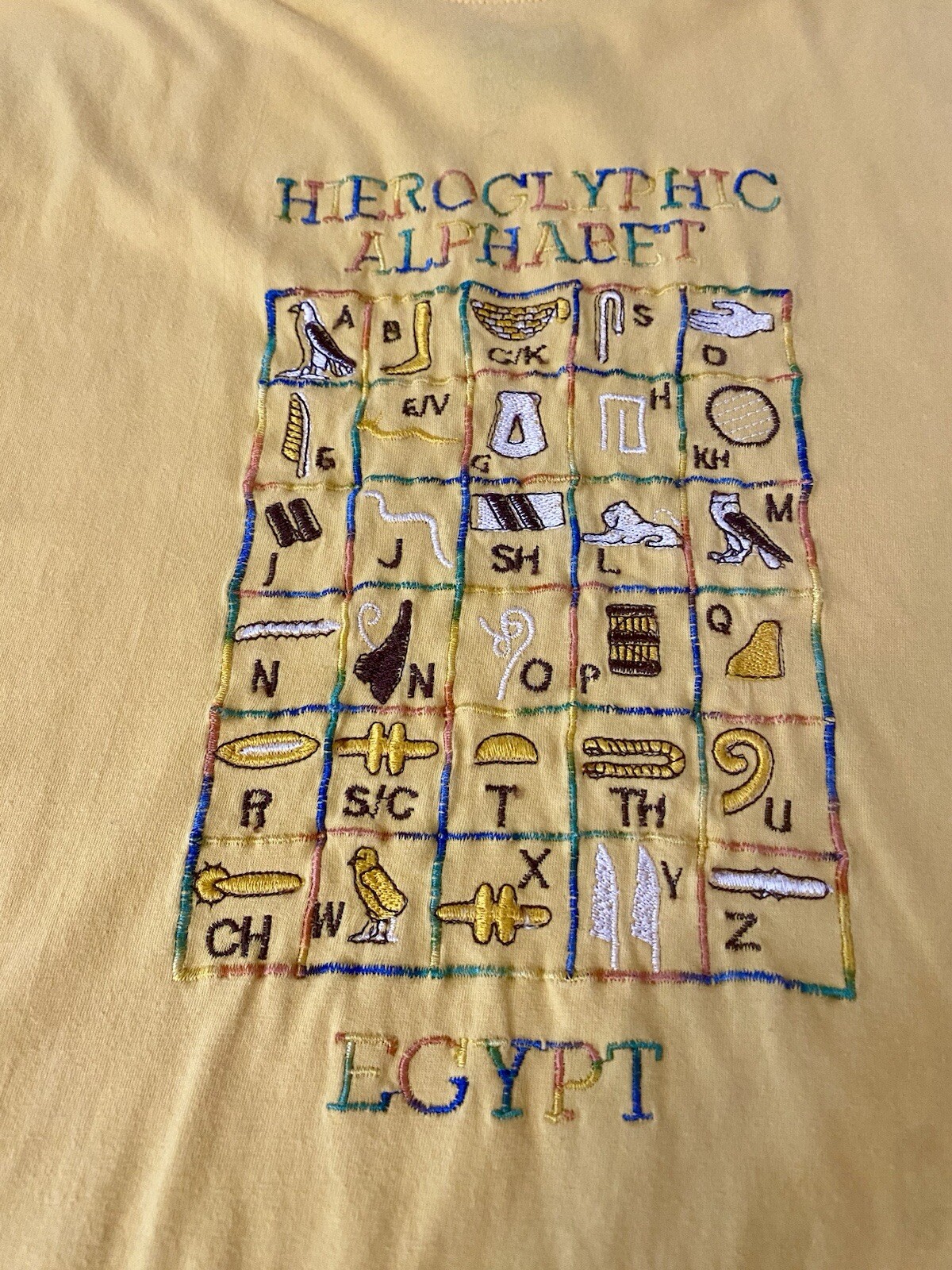 Vintage 90s Egyptian Hieroglyphics T Shirt Embroidered Yellow/Multi-Color XL