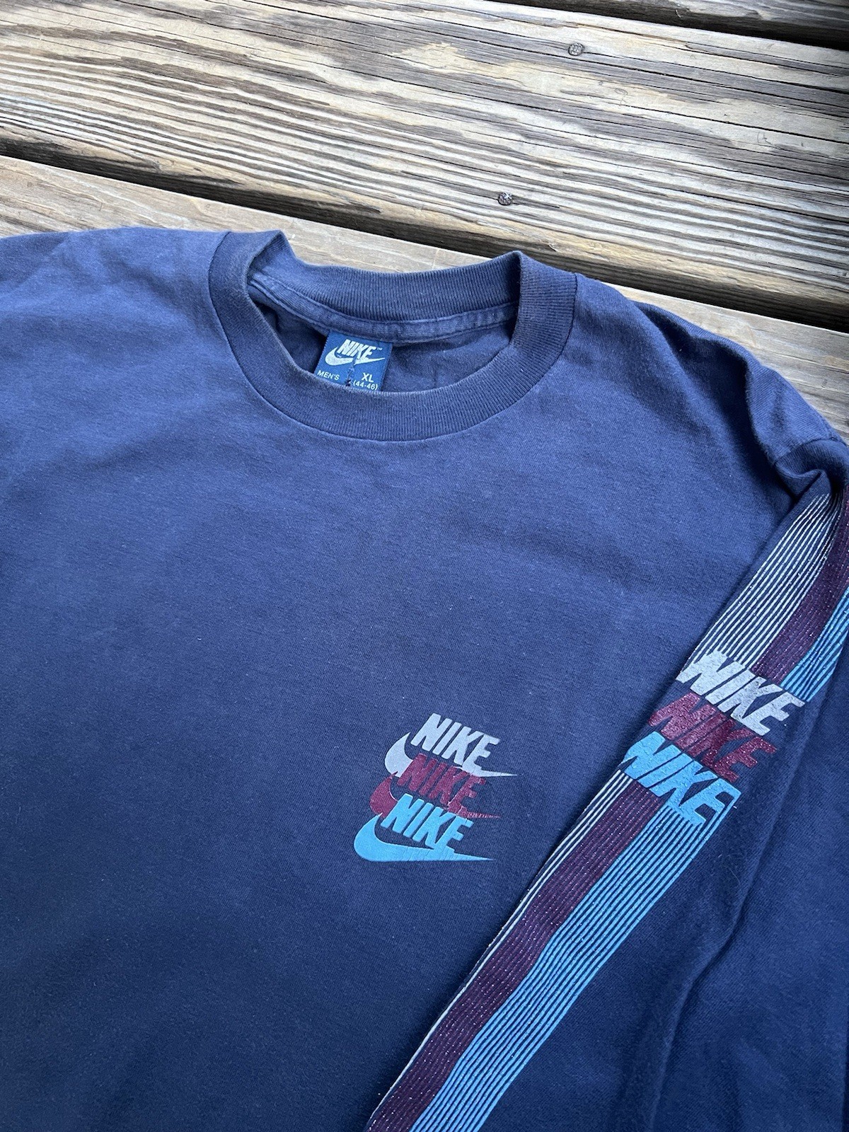 Vintage 80s Nike Multiple Tri Logos Long Sleeve Blue Tag T Shirt Swoosh XL