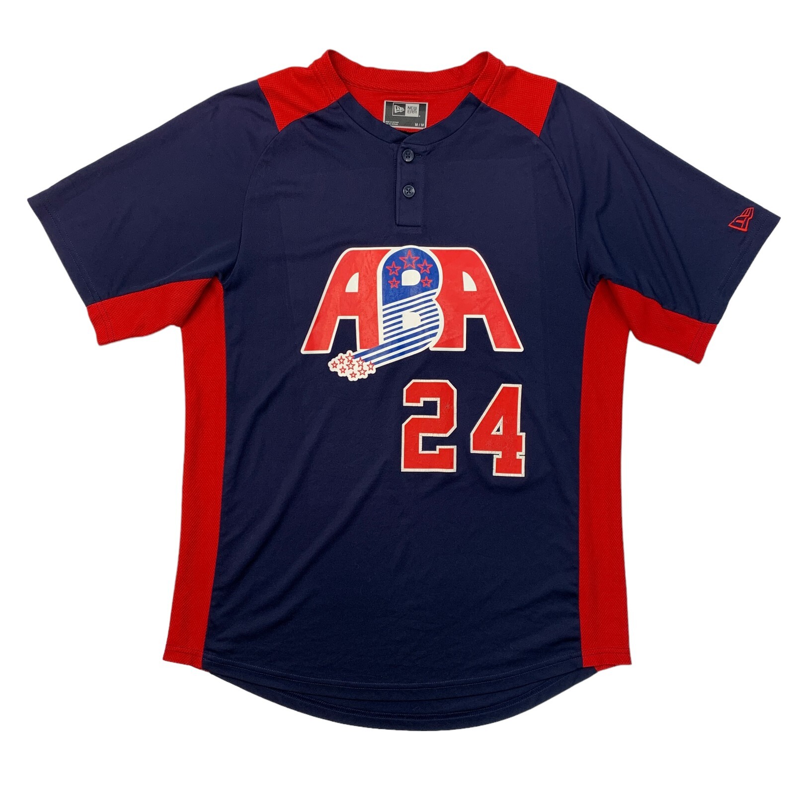 New Era ABA Baseball Jersey Mens M Medium Navy Blue Red Henley Short Sleeve