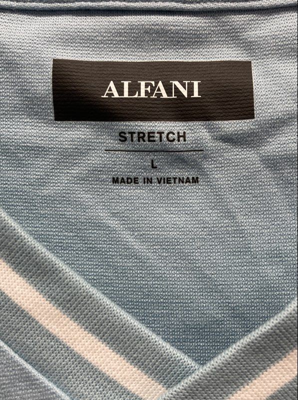 Alfani Men’s Sparrow Blue V-Neck Stretch Short Sleeve Striped Shirt Sz L NWT