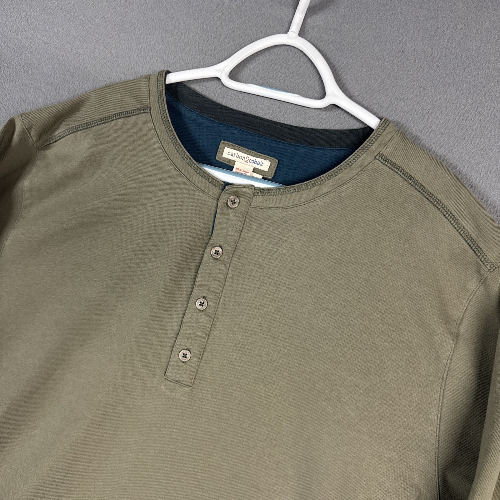 Carbon 2 Cobalt Henley Shirt Mens 2XL Green Long Sleeve Stretch 100% Cotton