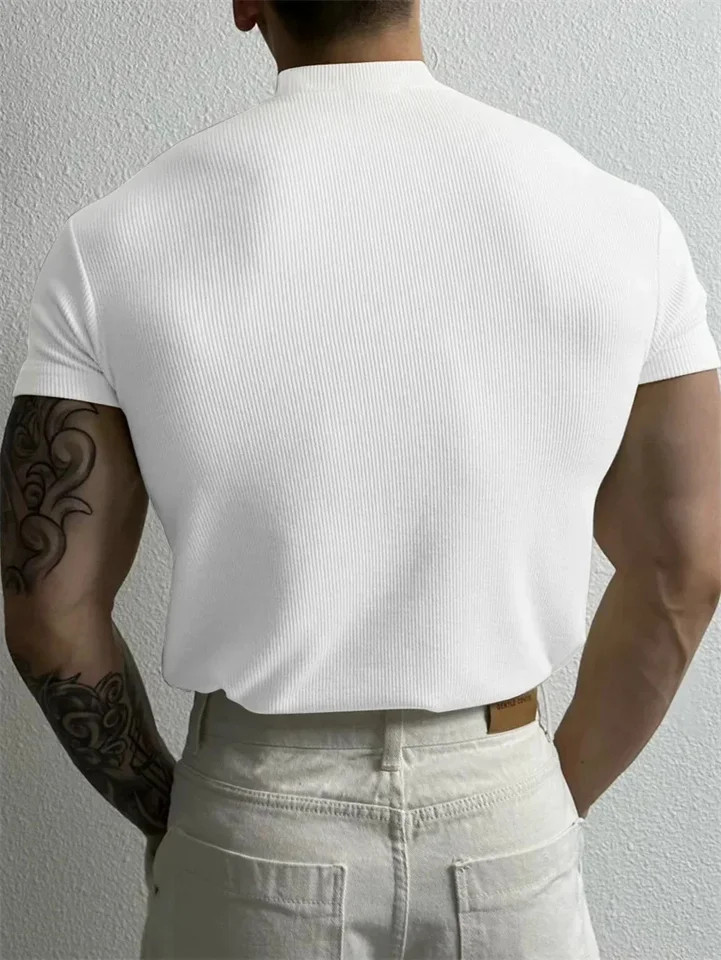 Men T Shirt Stripe Print Short Sleeve Elastic Fit High Collar Sport Gym Training