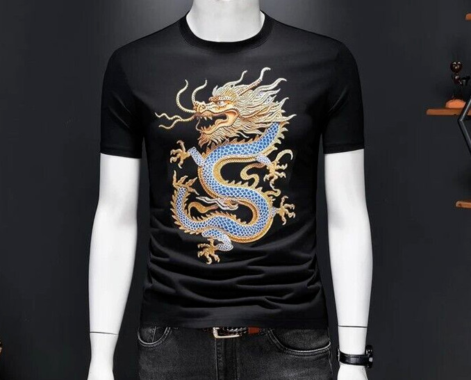 New Men Luxury Diamond Dragon Rhinestones Fashion T-Shirt High Quality
