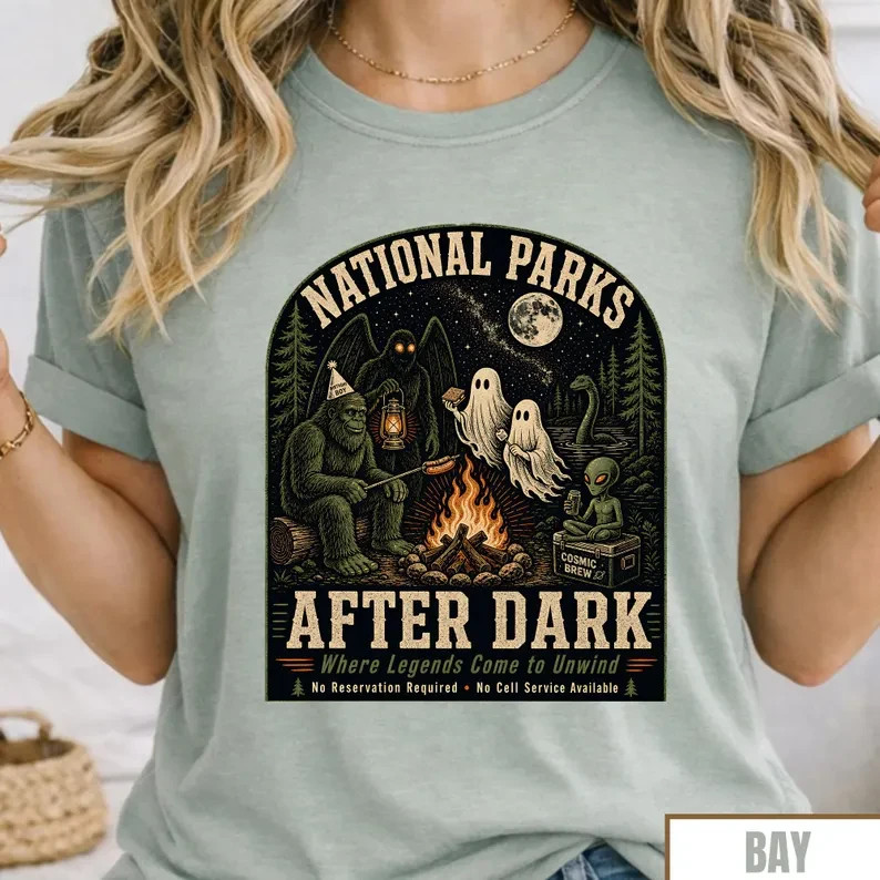Cryptid Camping After Dark Shirt Bigfoot Ghost Alien Halloween Tee Gildan Unisex
