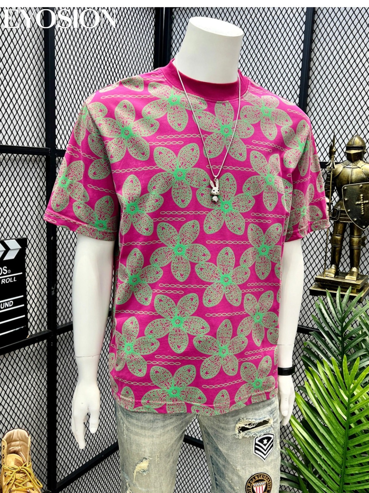 Men’s Pink Floral Print T-Shirt Casual Short Sleeve Cotton Crew Neck Summer Tee