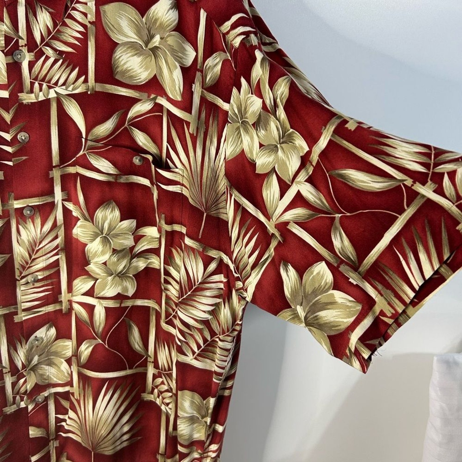 Pierre Cardin Casual floral. Red and Cream Button Down Shirt. 100% Rayon .