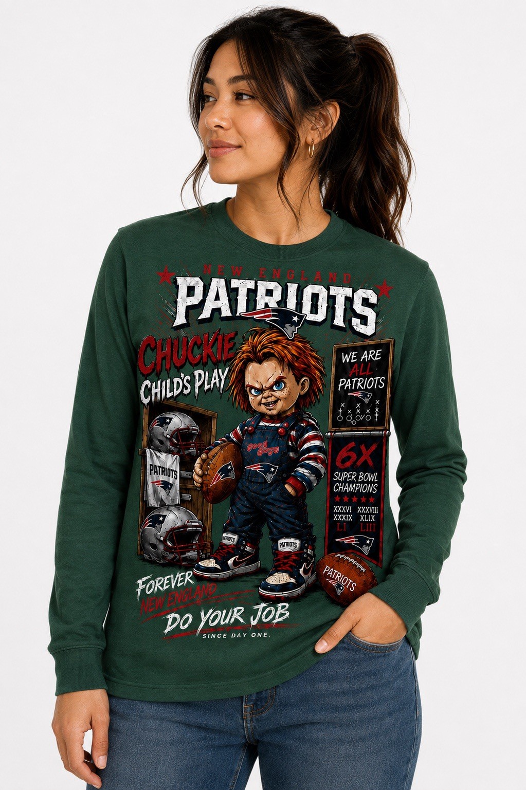 New England Patriots Child’s Play Chucky Themed Long Sleeve Shirt.