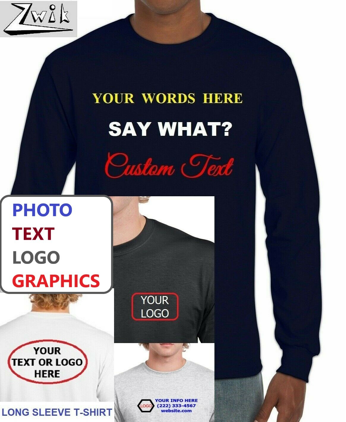 CUSTOM Text Photo Logo, L/S LONG SLEEVE T-Shirt, YOUTH & ADULT Szs, Many Colors