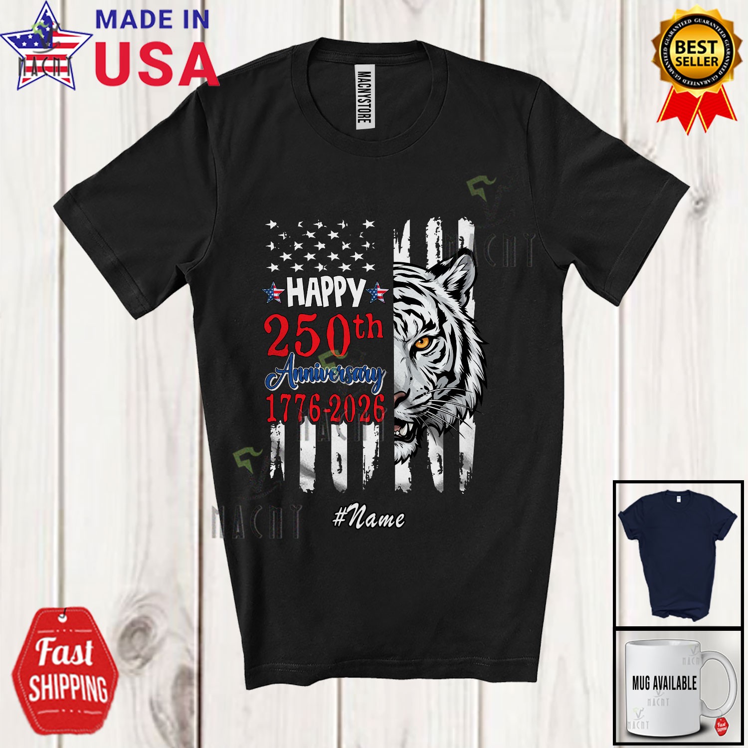 Custom Name 250th Anniversary; 4th Of July Tiger Half US Flag Patriotic T-Shirt