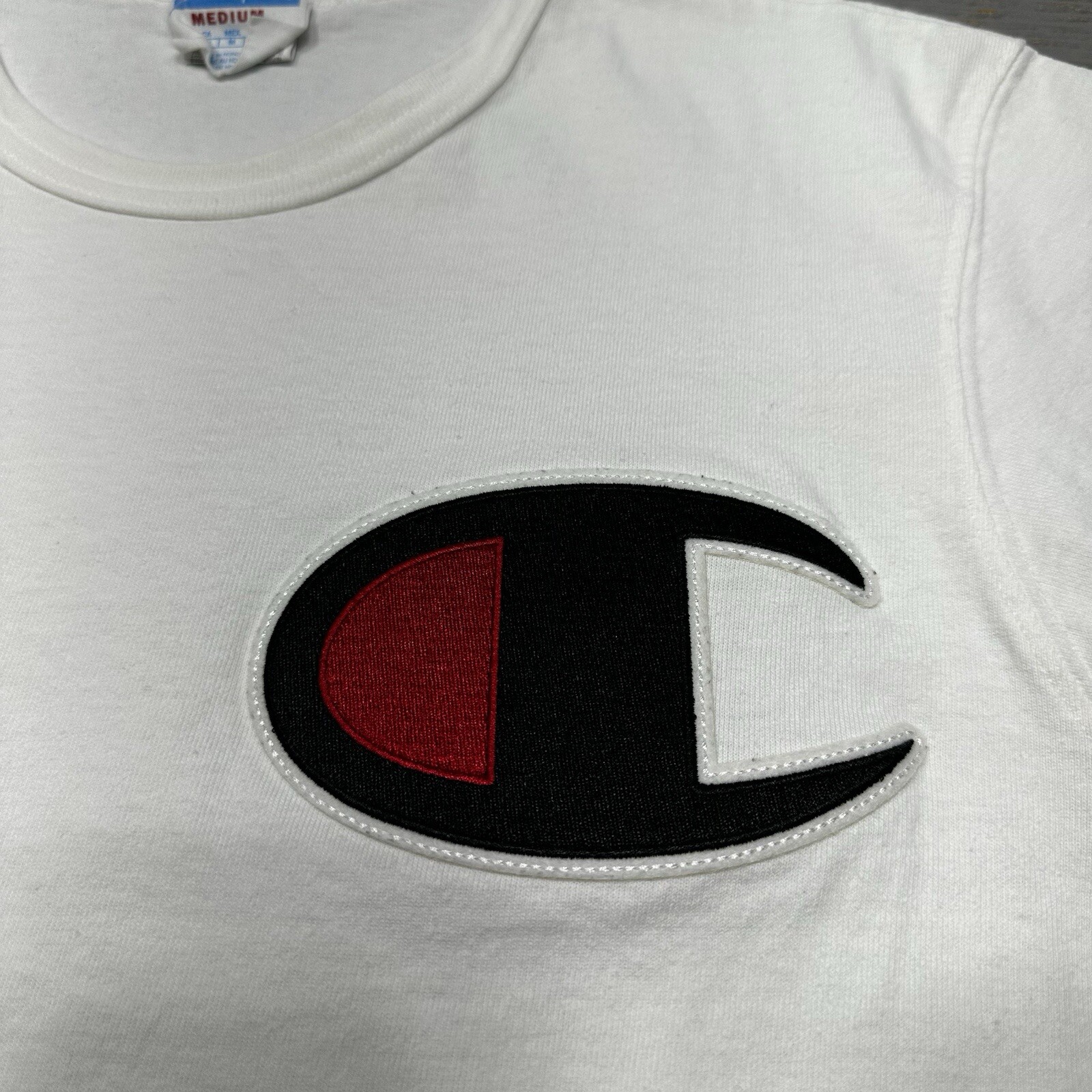 Champion Shirt Mens Medium White Patch Logo Cotton crew Neck Casual