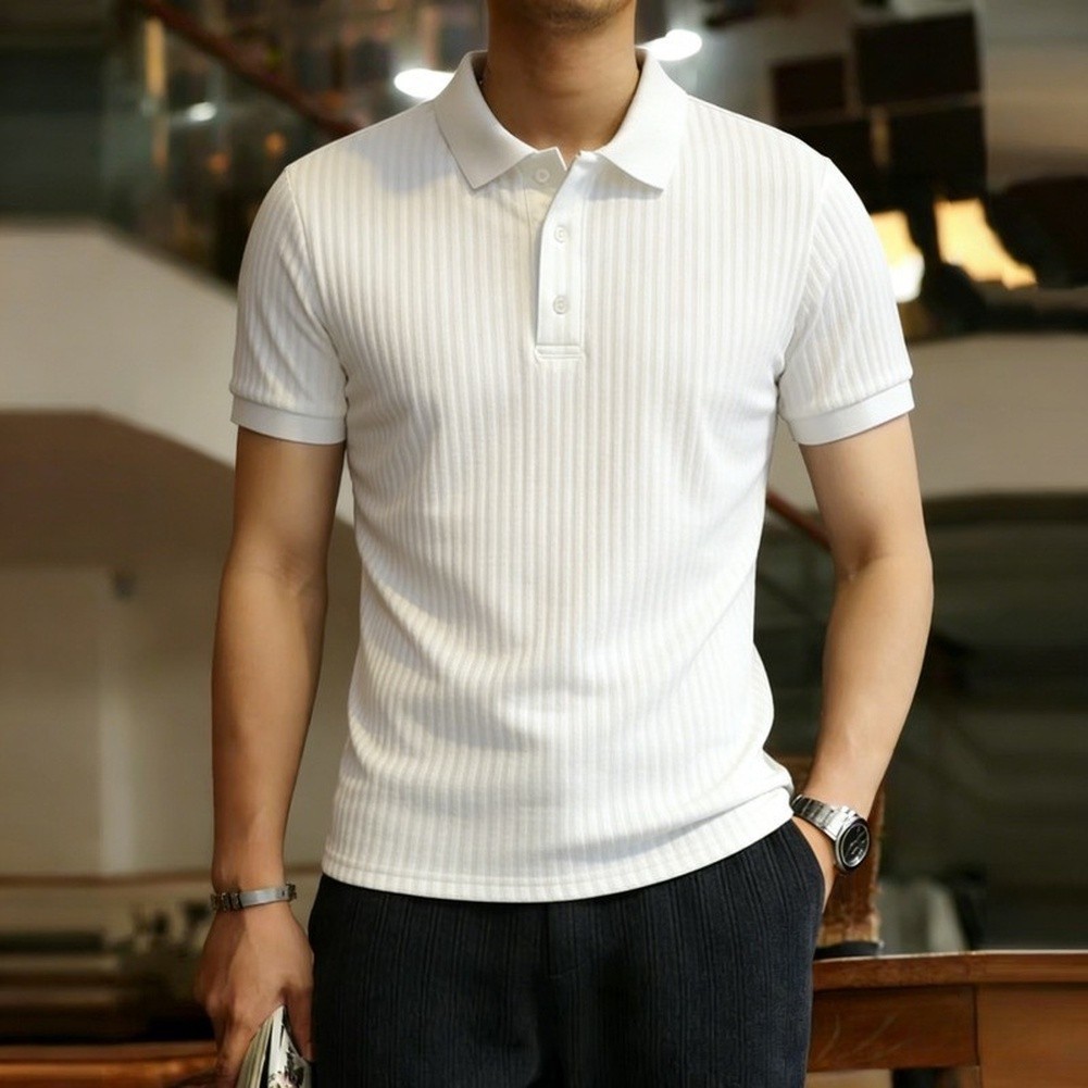 Short Sleeve Ribbed Knit Button Up Shirt for Men Lapel Collar Summer Ready