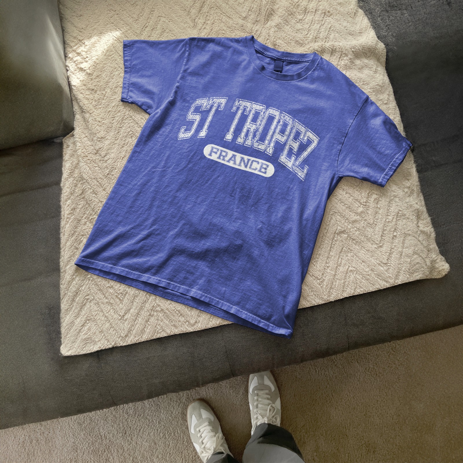 St Tropez France Vintage University Font Summer Travel Blue Tee, T-Shirt