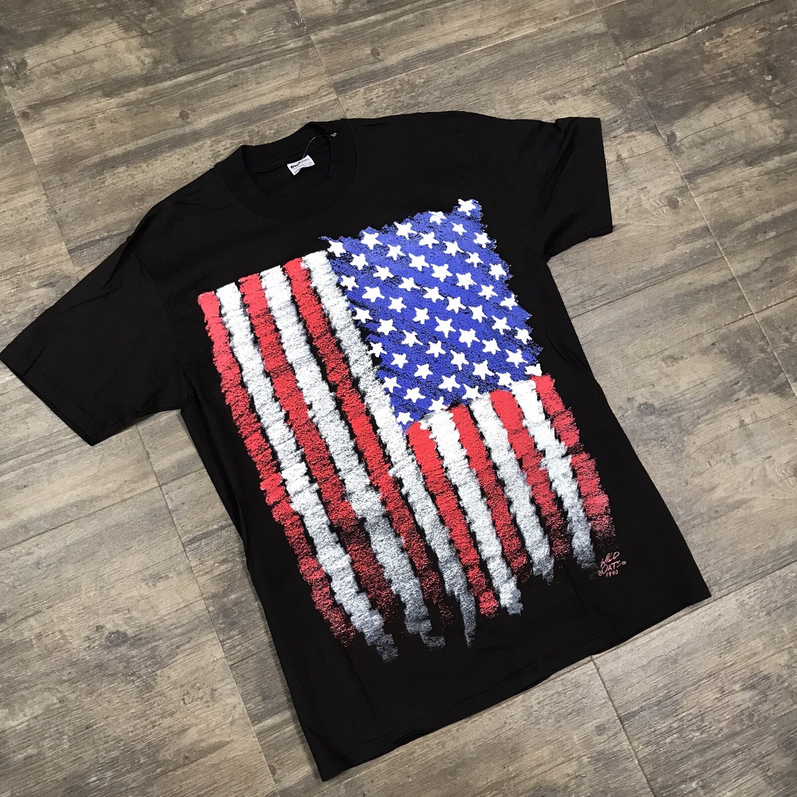 NWOT Vintage American Flag Tshirt Size Large Wild Oats Single Stitch 1990 USA