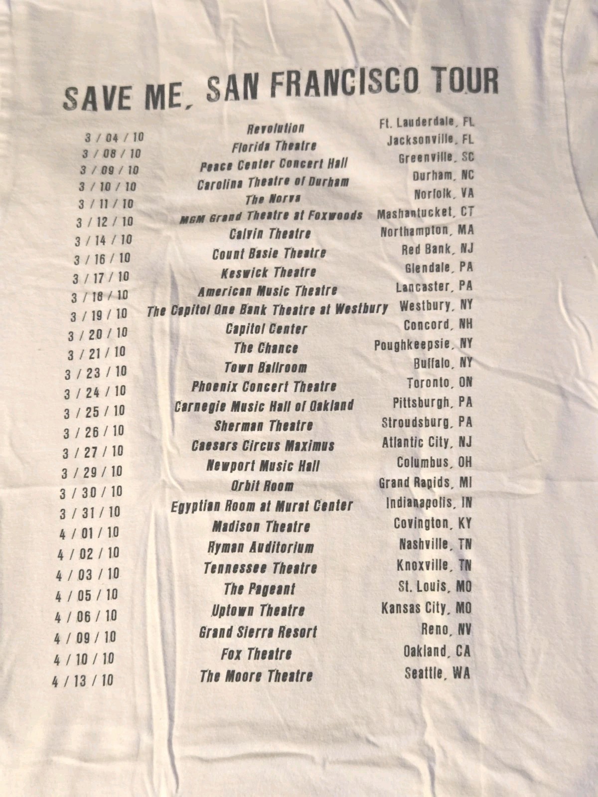Train “Save Me San Francisco” T-Shirt Ladies S White Summer Tour 2010