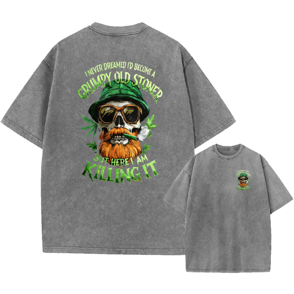100% Cotton Oversized T-Shirt, Grumpy Old Stoner Skull Graphic Streetwear Tee