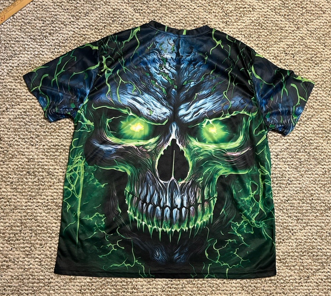 Green Flaming Skull All Over Print T-shirt XL Polyester Spandex