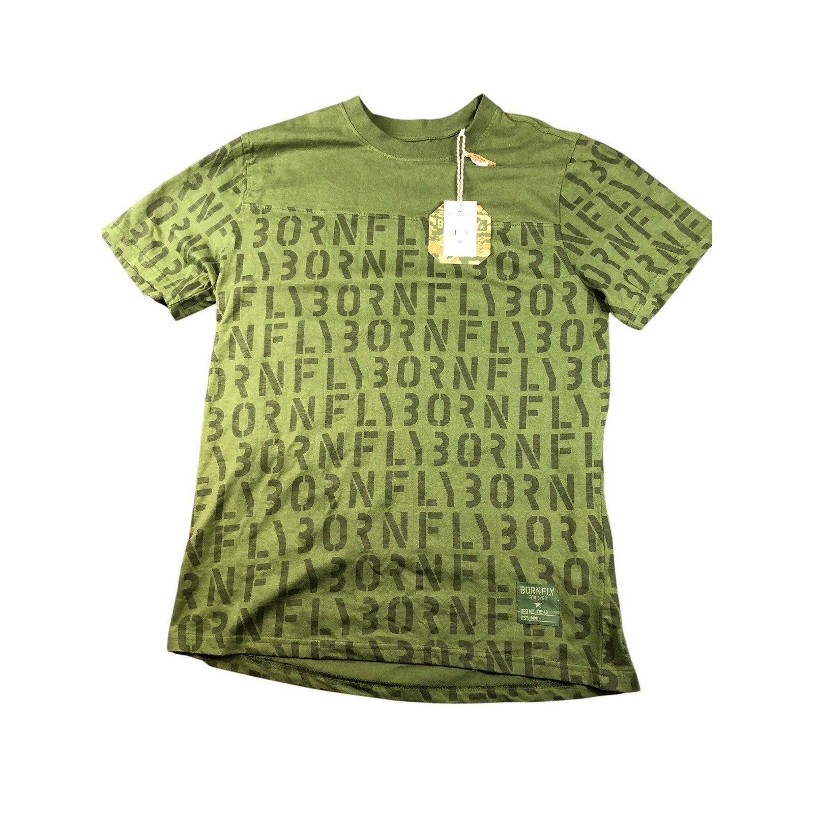 BORN FLY Olive Green Graphic Print Tee Shirt Mens Size Medium NEW NWT