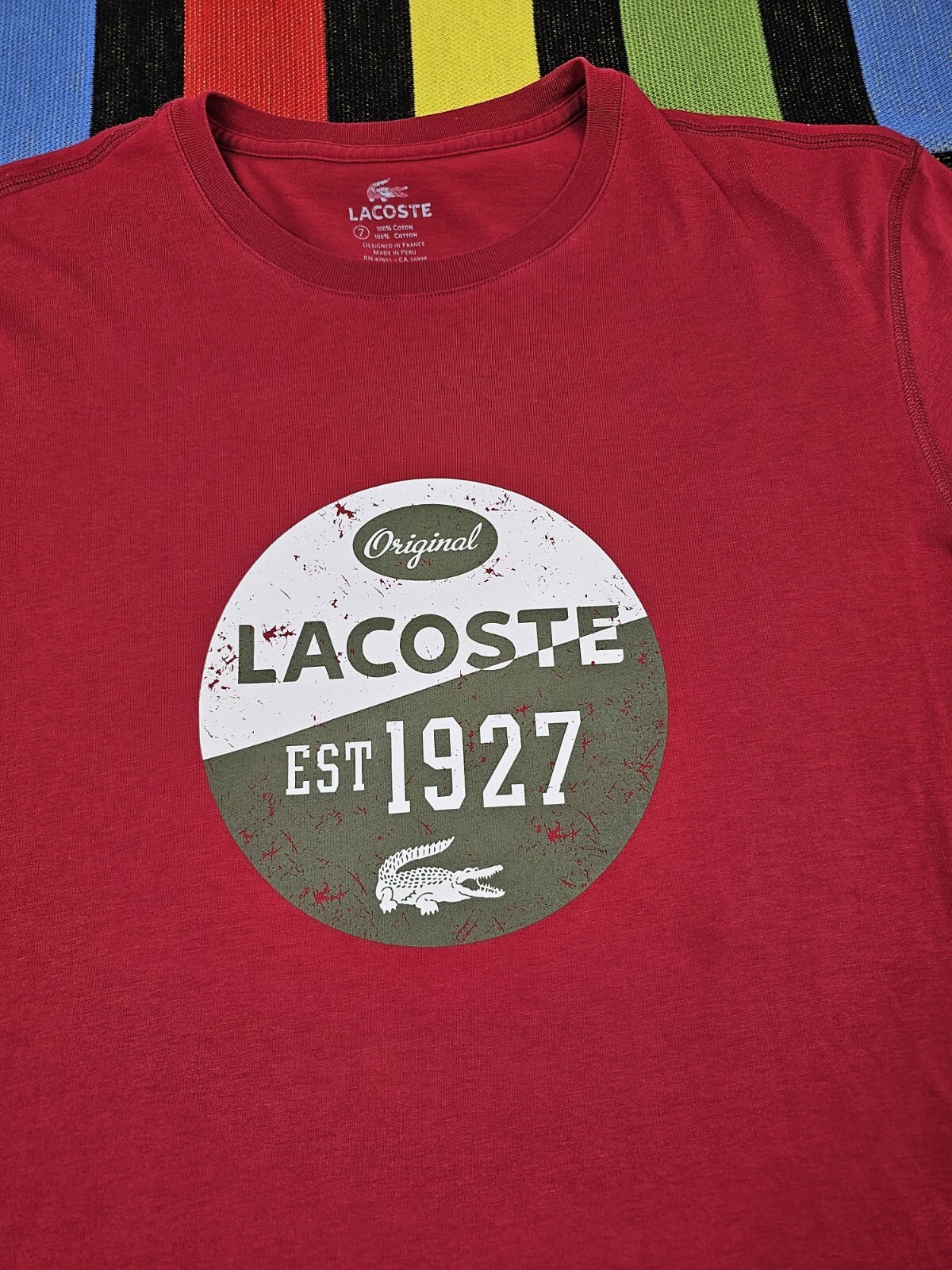 Lacoste men crewneck graphic tshirt size L 7 red vintage style logo cotton peru
